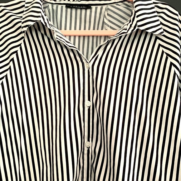 Tahari Black & White Striped Button Down Blouse. 3/4 Sleeves. High/Low. Size L - Picture 2 of 11